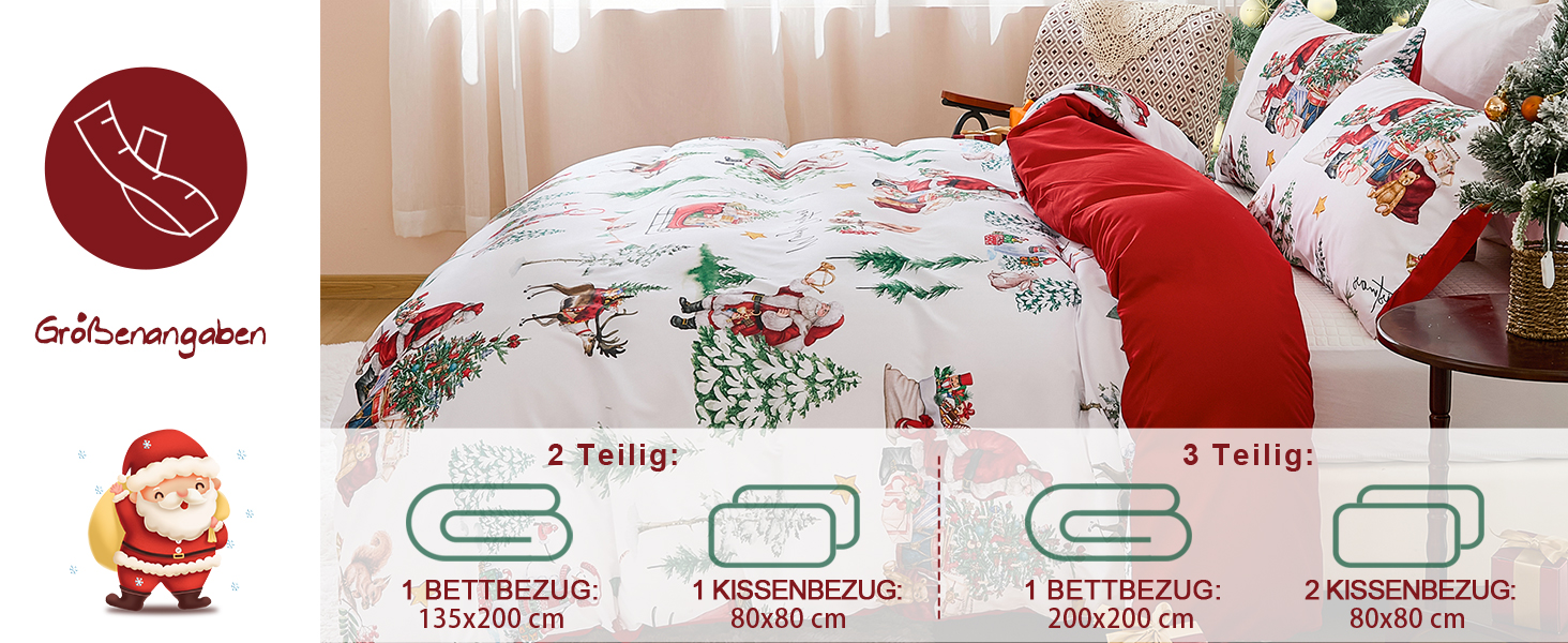 Комплект зимової постільної білизни WONGS BEDDING з новорічним принтом (Дід Мороз), мікрофібра, 2 предмети: підковдра 135x200 см та наволочка 80x80 см, білий