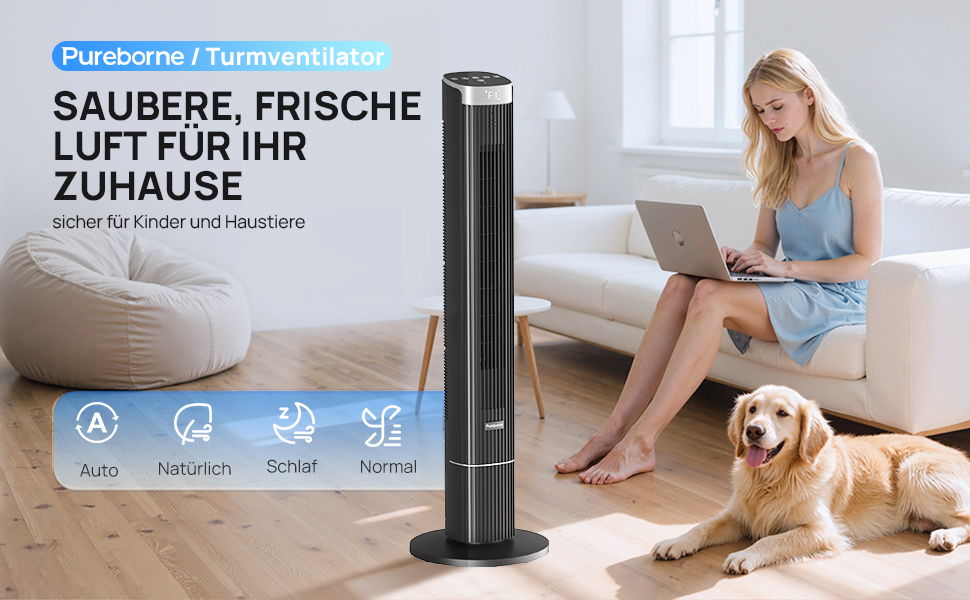 Турбовентилятор Leiser з осциляцією 90°, Wi-Fi, пульт, 4 швидкості, 4 режими, таймер 12 год, чорний, 102 см