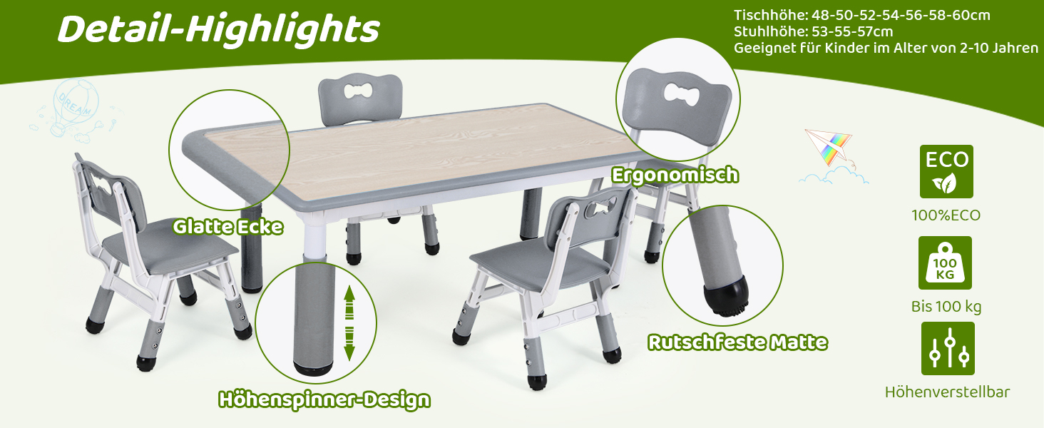Дитячий стіл MAMIZO з 4 стільцями, регульована висота, набір для дитячої кімнати/садка, пластикові меблі, сірий, 60 x 120 см