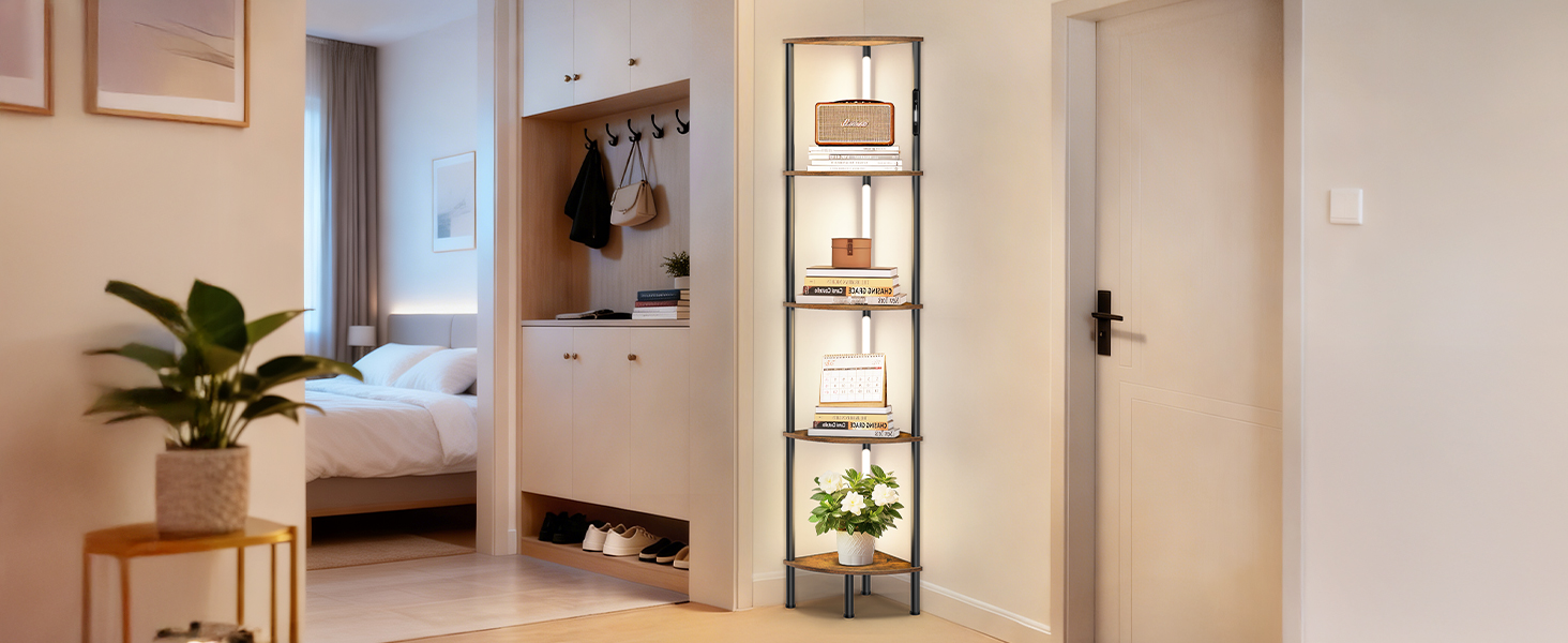 LED торшер з полицею, 3 режими світла, димування (сенсор/пульт), кутова полиця 5-рівнів, вузький книжковий стелаж для вітальні, спальні, офісу (білий)