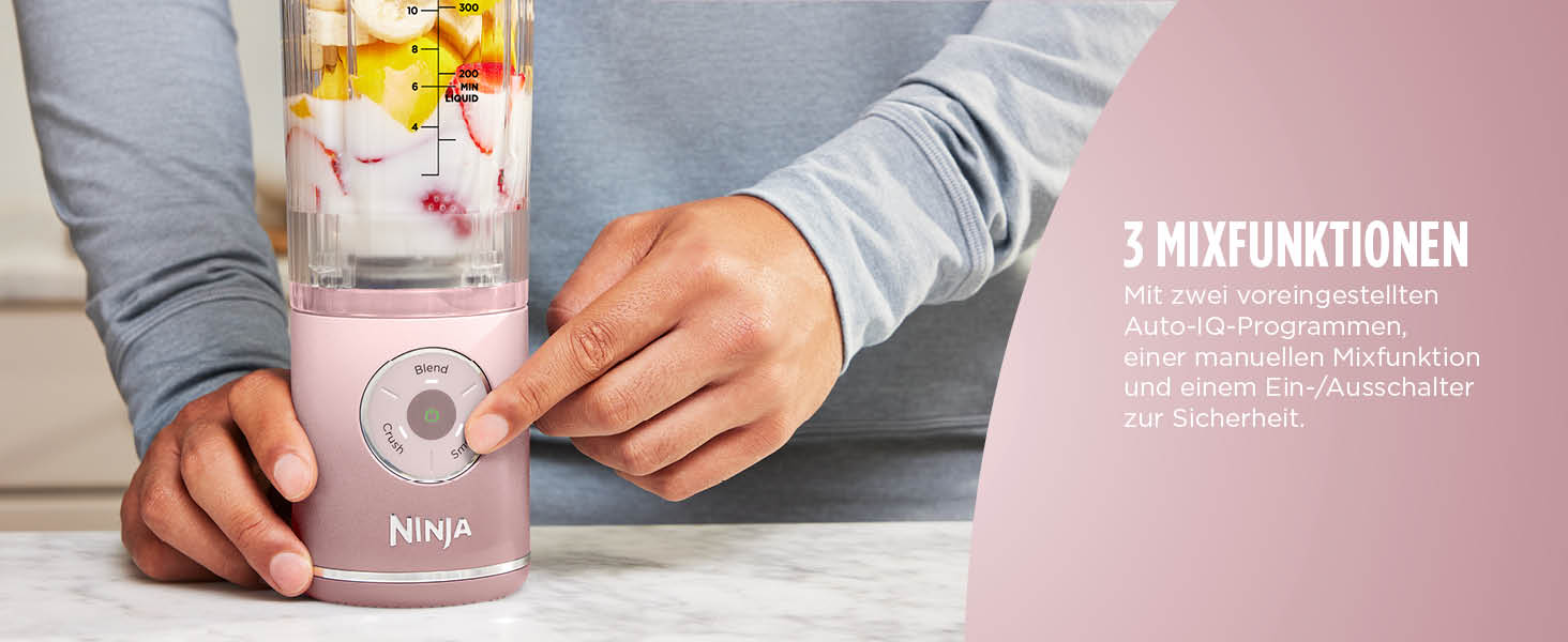 Портативний блендер Ninja Blast Max: 570 мл, акумулятор, чаша та кришка, 3 функції, для смузі та протеїнових коктейлів, рожевий (BC251EULD)
