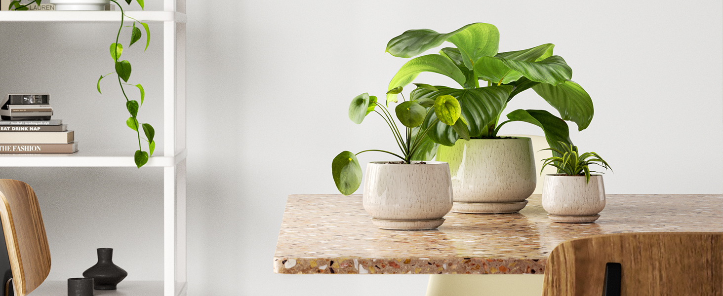 Керамічні горщики LE TAUCI з підставкою, 10+13+16 см, набір 3 шт. для кімнатних рослин, з дренажним отвором, бежева реактивна глазур