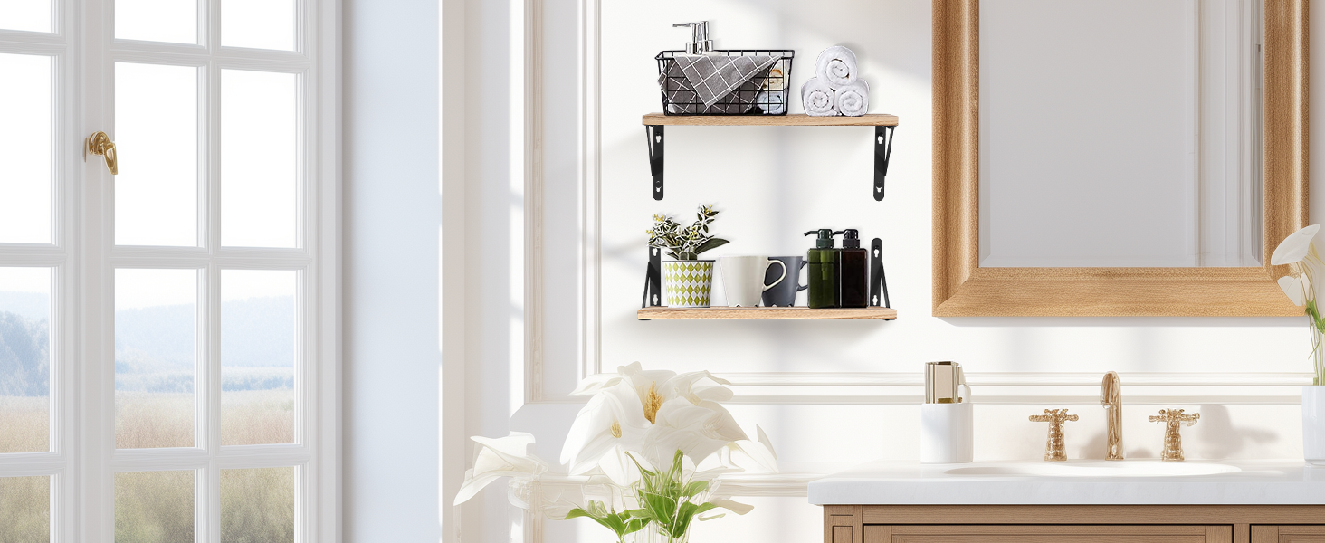 Набір настінних дерев'яних полиць Uten у рустикальному стилі з тримачем для рушників, 2 шт., світло-коричневий — для ванної кімнати, кухні, вітальні та спальні