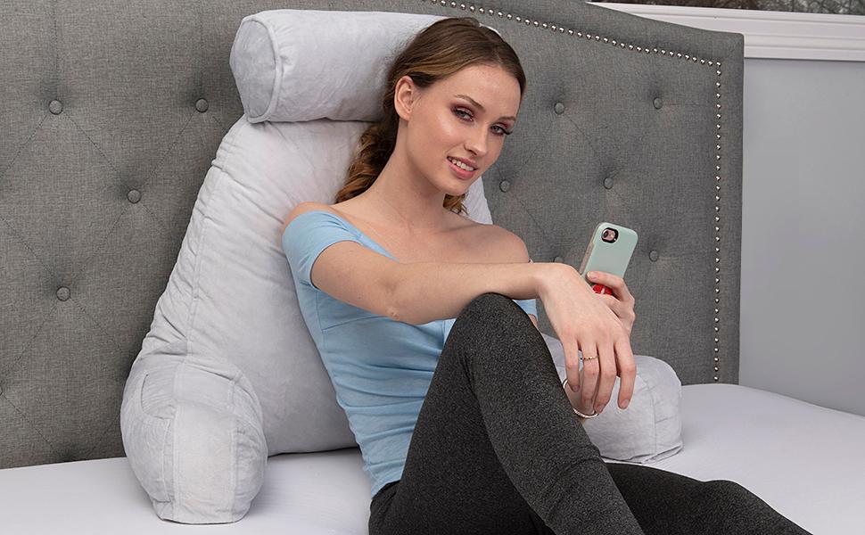 Подушка для чоловіків з підлокітниками - темно-сіра, для читання та відпочинку в ліжку | Premium Memory Foam | Знімна подушка для шиї