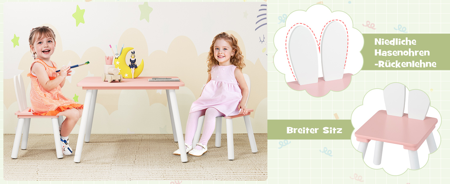 Дитячий стіл з 2 стільцями COSTWAY, 3 шт. - дитяча меблева група з масивних ніжок та спинка у вигляді вушок кролика, квадратний ігровий стіл, меблі для дітей 3-6 років (білий)