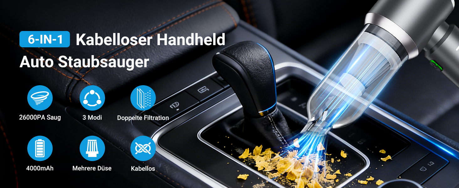 Акумуляторний ручний автомобільний пилосос 4 в 1, безщітковий двигун, потужність 26000 Па, портативний міні-пилосос для авто, офісу та клавіатур, сірий