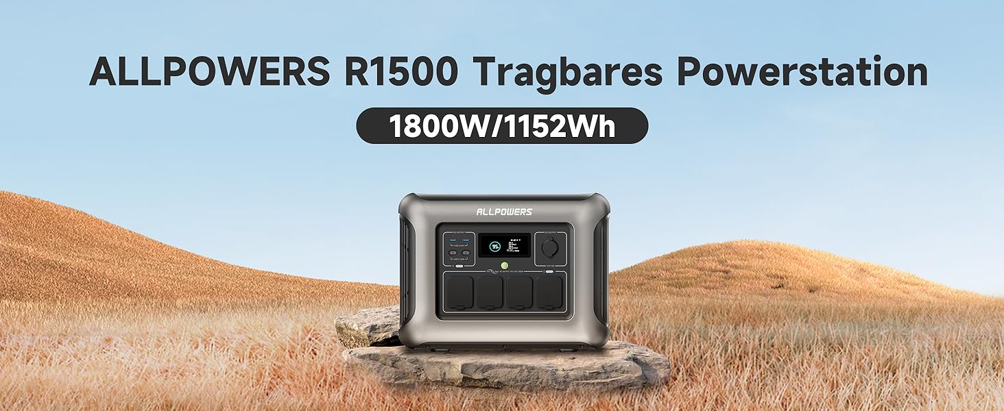 Портативна електростанція ALLPOWERS R1500, акумулятор LiFePO4 1152 Втгод, вихід змінного струму 1800 Вт, тихий 43 дБ, резервне живлення