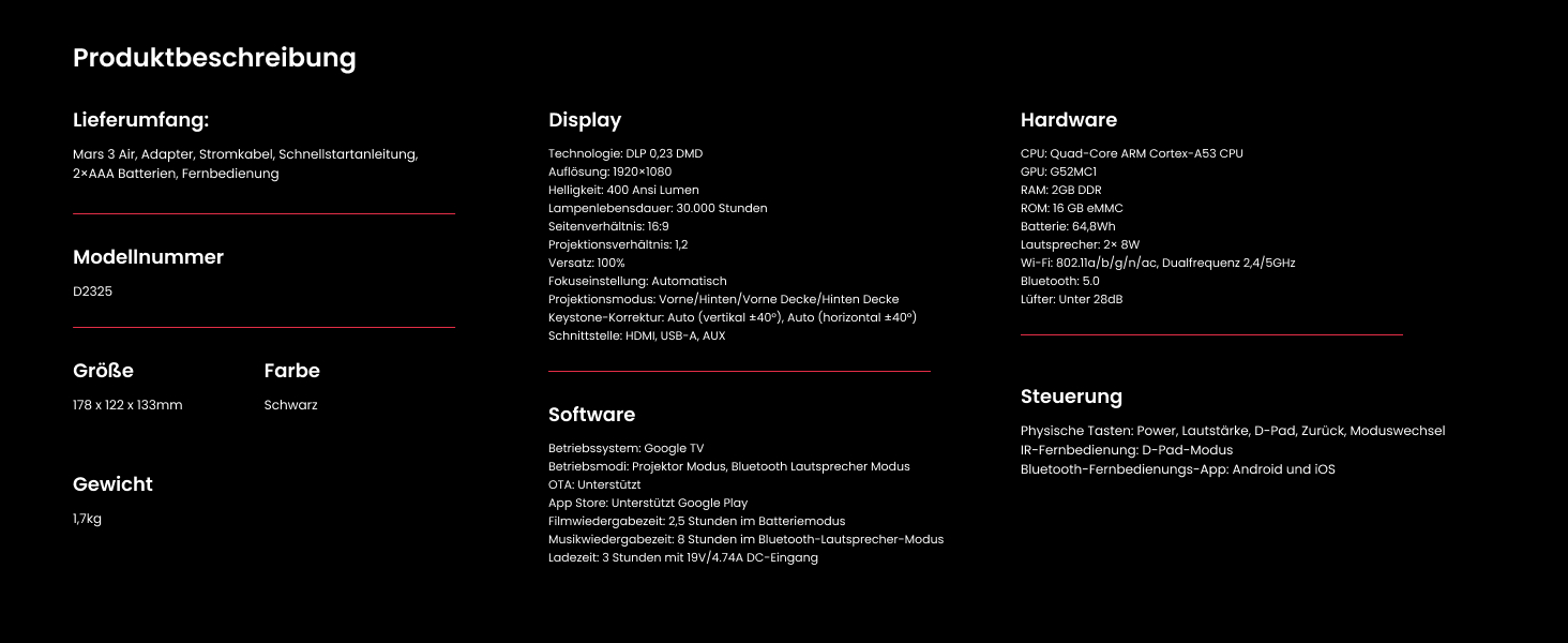 Nebula Anker Mars 3 Air Mini Beamer: проєктор 1080p з Google TV, Smart, Wi-Fi, 400 ANSI люмен, Dolby Digital, 2*8W, 150 дюймів, акумулятор, 2,5 години, новий