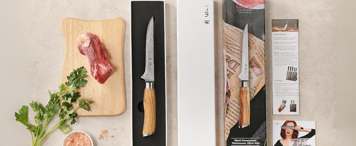 Ніж кухарський Wakoli з дамаської сталі (серцевина VG10) з 20 см лезом – гострий та збалансований – ніж з ручкою з оливкового дерева в подарунковій коробці – ніж кухарський з дамаської сталі для професійних та аматорських кухарів (ніж для обробки м'яса)