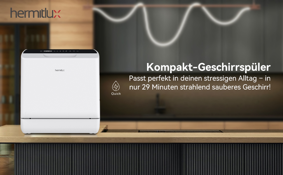 Компактна посудомийна машина Hermitlux Mini на 5 комплектів посуду (5л бак), 6 програм миття, 360° розпилювачі, функція сушіння, енергоклас D, без встановлення, скляні/суцільні дверцята