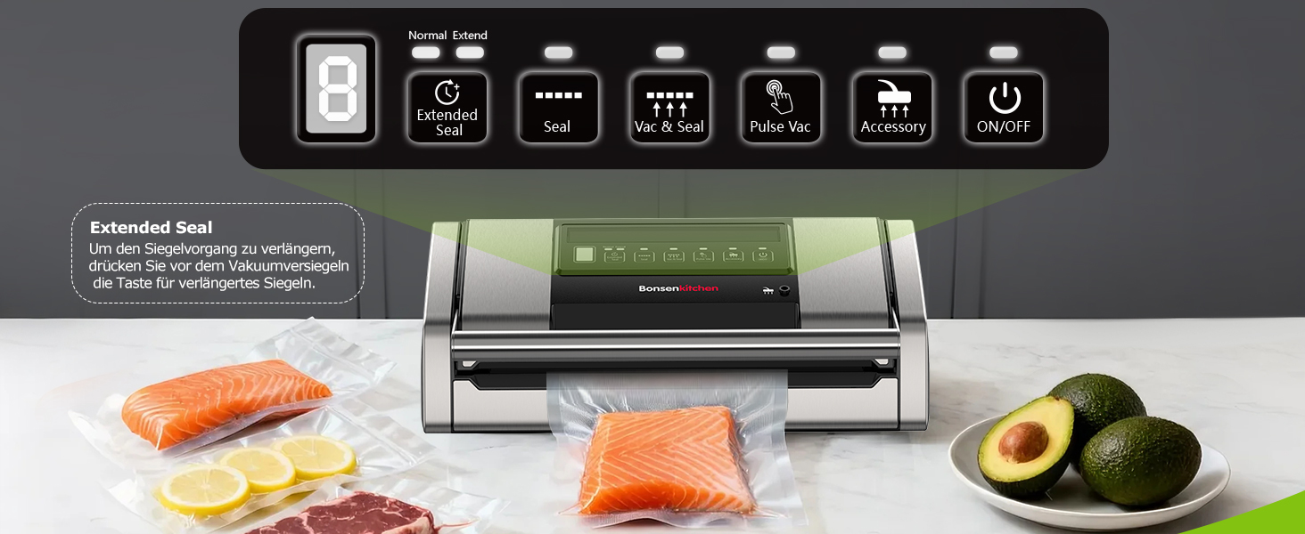 Вакууматор Bonsenkitchen VS5100 для Sous-Vide, 15 л/хв, з вбудованим різаком та кліпсою для пакетів, сріблястий