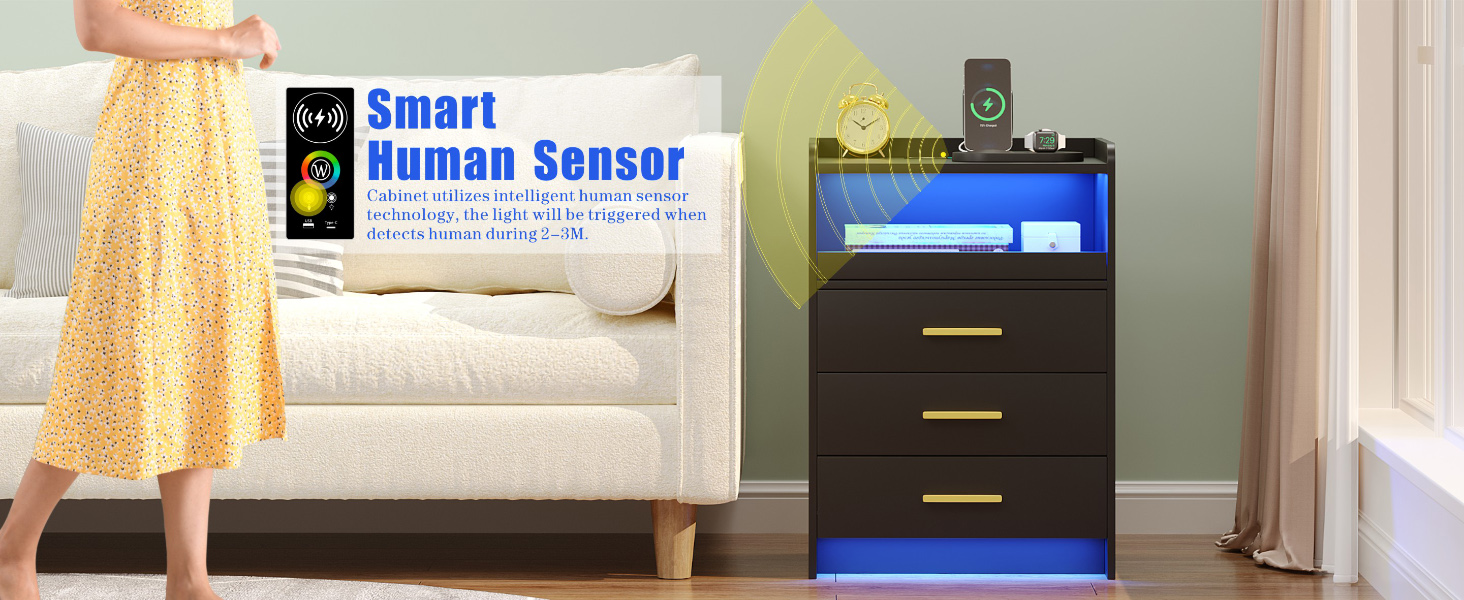 Нічний столик FREDEES з LED-підсвічуванням, ящиком, зарядкою та датчиком руху, сірий (2), чорний