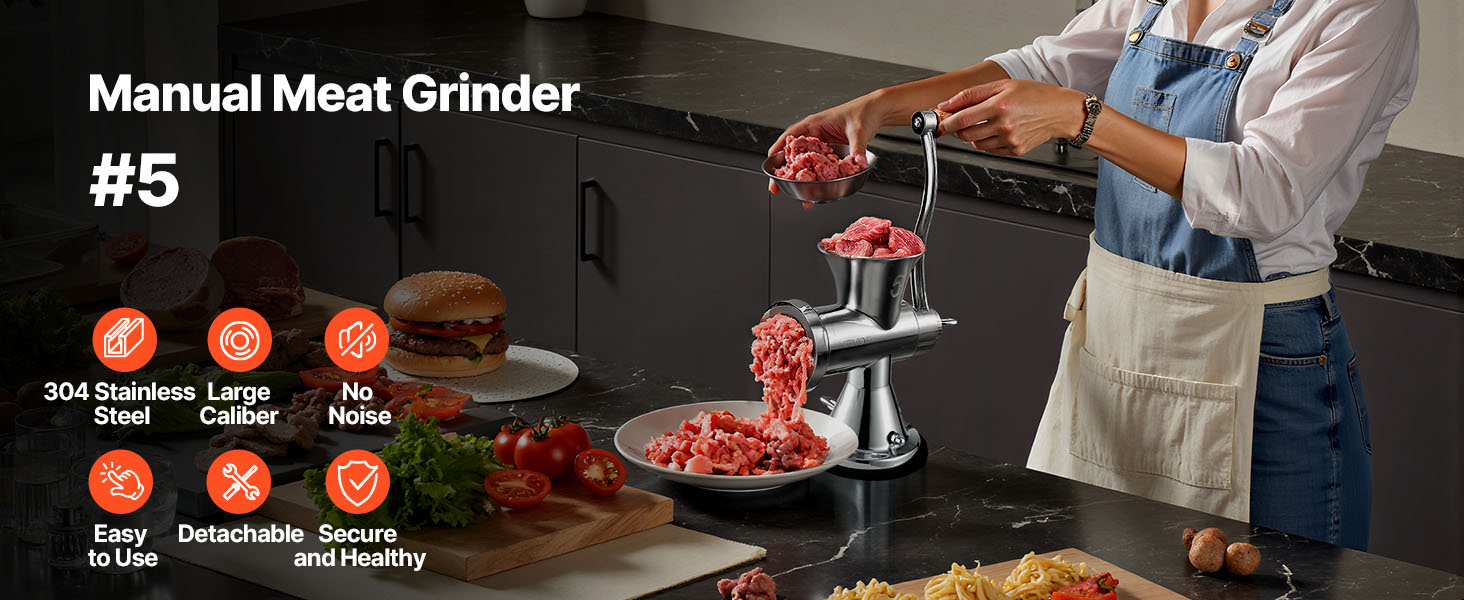 М'ясорубка ручна VEVOR 304 нержавіюча сталь, диски 4.5/8 мм, для фаршу, ковбас, овочів - срібляста