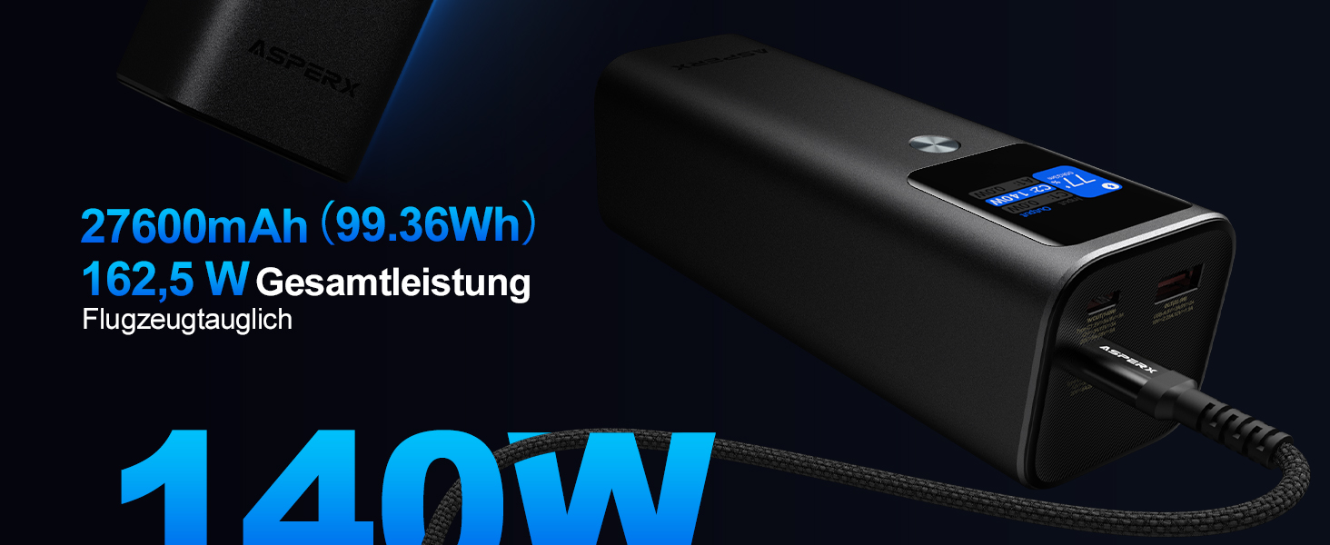 Power Bank AsperX 20000mAh, 165W, 2x USB-C 100W, Алюмінієвий Корпус, Вбудований Кабель 60см, TFT-Дисплей, для iPhone, MacBook, Samsung