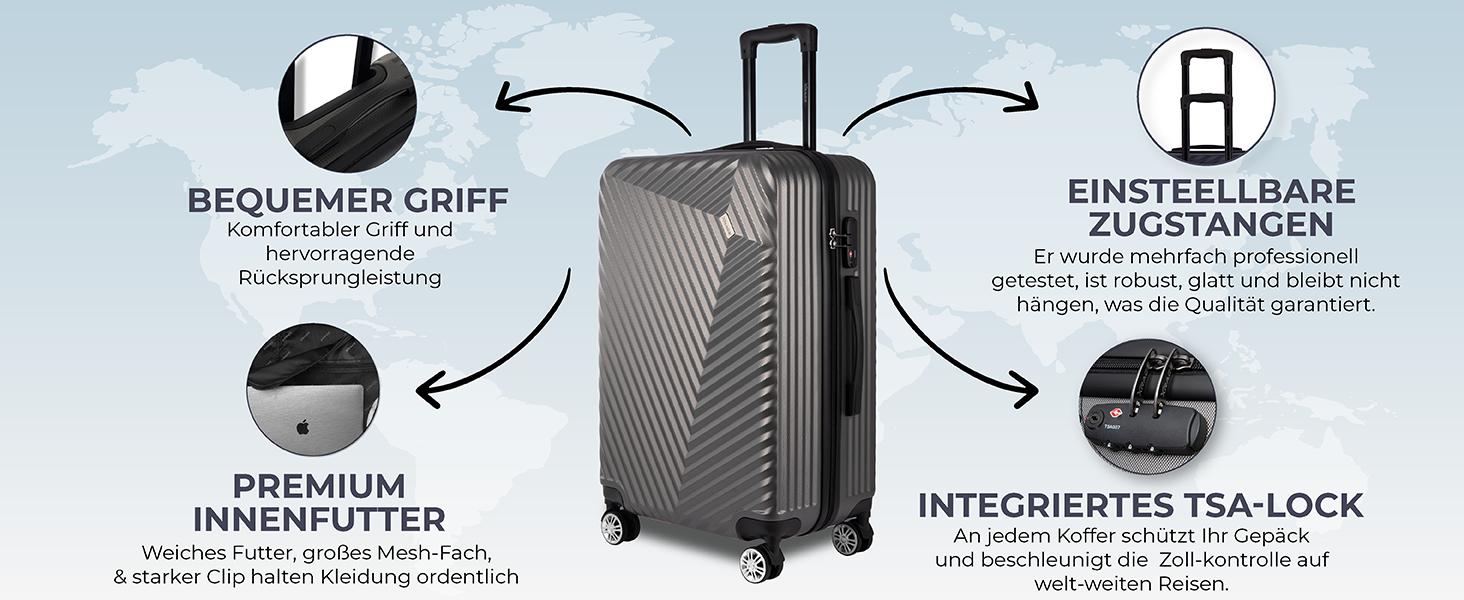 Набір валіз xRace 3-частинний ABS, 20/24/28 дюймів, ручна поклажа, TSA замок, 360° колеса, стійкий до ударів, преміум підкладка