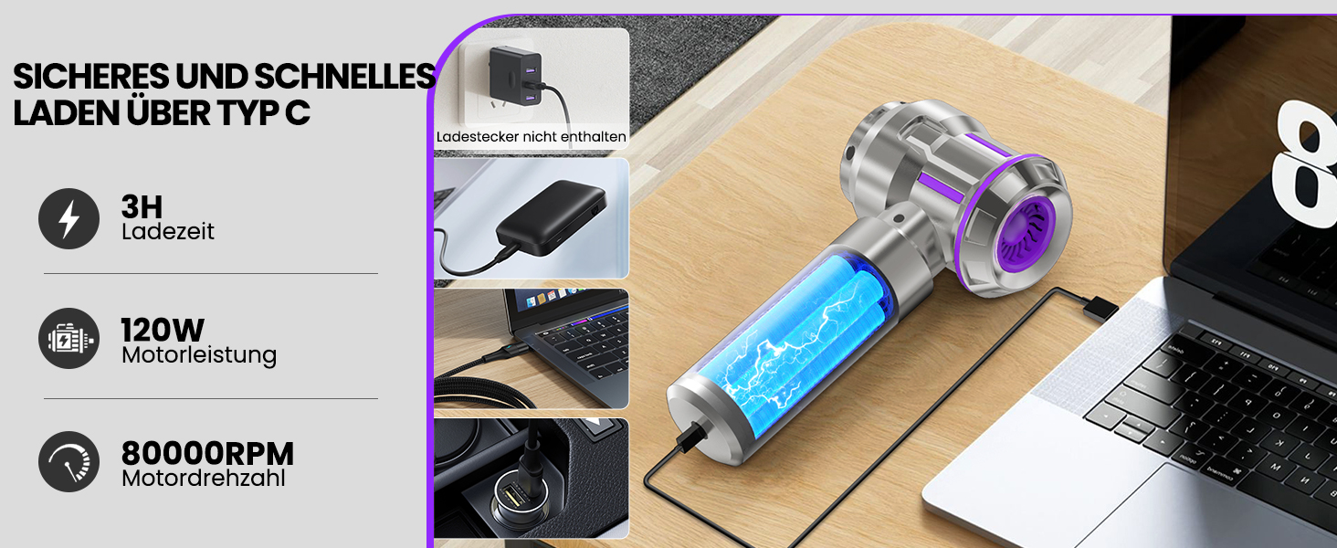 Акумуляторний ручний пилосмок 25000Па з безщітковим двигуном, 4-в-1, самоочищення, 3 режими потужності, для авто, дому та шерсті тварин, сріблясто-фіолетовий