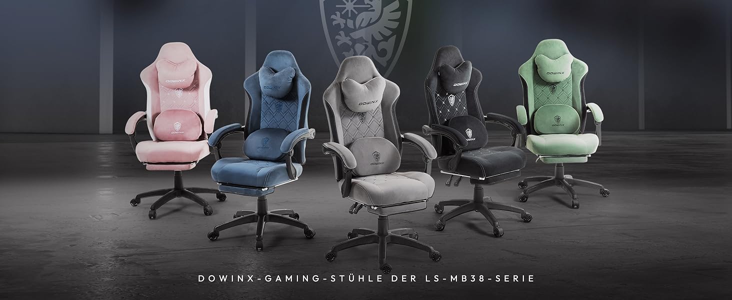 Ігровий крісло Dowinx з масажем, ергономічний дизайн, підставка для ніг, тканинний чохол, поперекова подушка, підголовник, 200 кг, блакитний