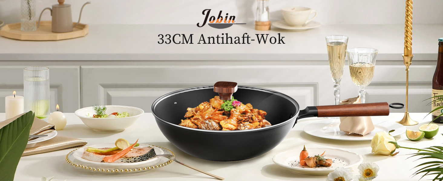 Вок Jobin 33 см з кришкою з термостійкого скла, з вуглецевої сталі, без хімічного покриття, для азіатської кухні, сумісний з індукційними, газовими, електричними та керамічними плитами, чорний