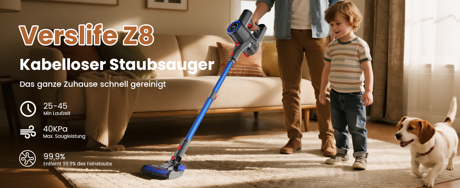 Версліф: Бездротовий акумуляторний пилосос 500W, 45 хв роботи, 40kPa, LED-дисплей, для дому та авто, синій