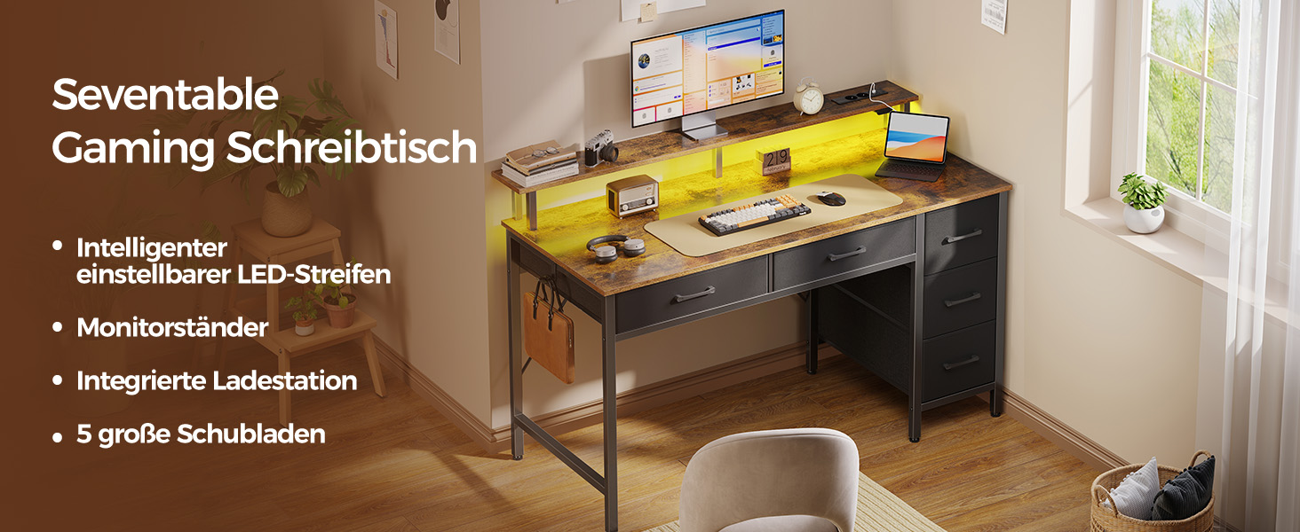 Комп'ютерний стіл Seventable з розетками та LED-підсвіткою, 100 см, геймінговий стіл з 5 висувними ящиками та підставкою для монітора, для офісу, кабінету, спальні, вітальні (Вінтажний коричневий)