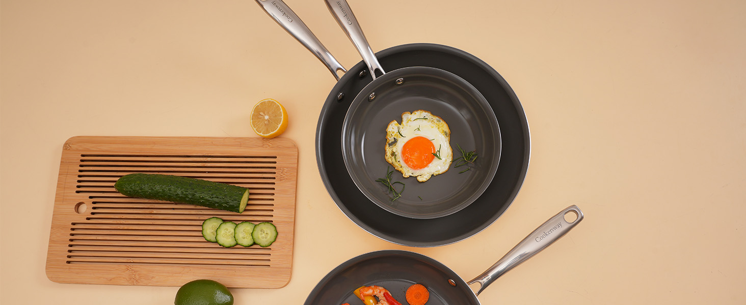 Набір каструль Cookersway: 20, 24, 28 см, керамічне покриття, без PTFE, PFOA, PFAs, для плити та духовки