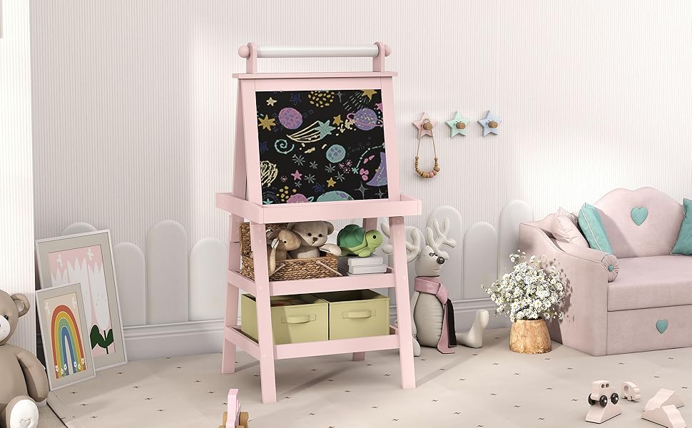 Дитяча фліпчарт AIYAPLAY 3 в 1 з магнітною дошкою та рулоном паперу - для дітей 3-6 років (зелене дерево, рожевий)