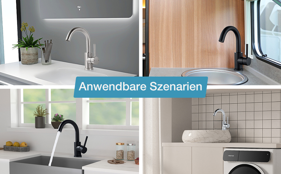 Змішувач для ванної кімнати/кухні з нержавіючої сталі, поворотний на 360°, висота виливу 150 мм, з однорідним змішувачем, покриття - нікель