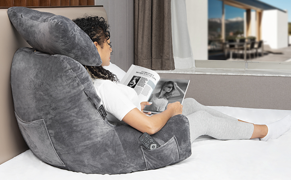 Лежак для читання з підголовником та підлокітником, сірий - ідеальний для читання та відпочинку в ліжку, на дивані чи на підлозі