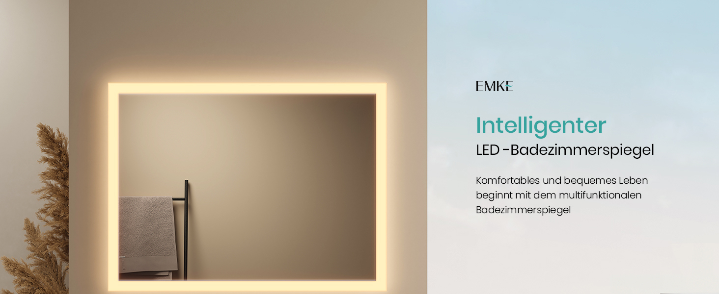 Дзеркало для ванної кімнати EMKE з підсвічуванням 120x60 см, тепле біле світло 3000K, вимикач, матове обрамлення