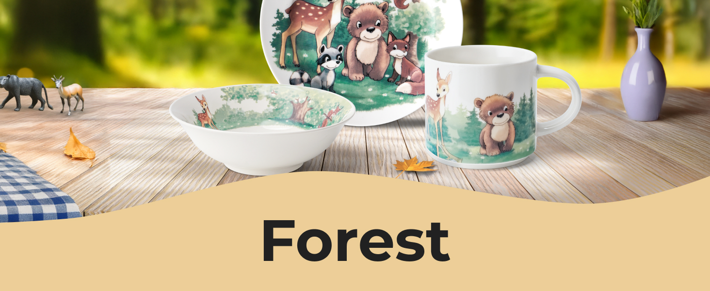 MIAMIO Набір дитячого посуду 3 шт. з порцеляни (тарілка, миска, чашка) - для дітей та малюків (ліс)