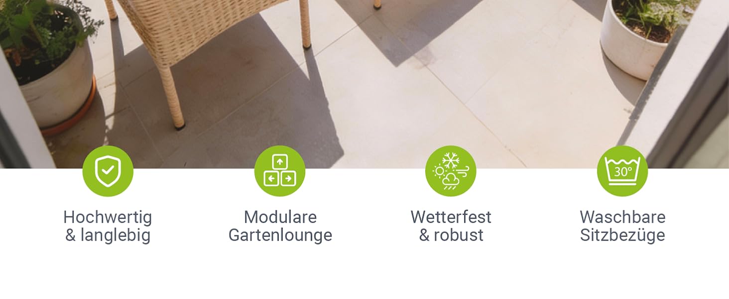 Садовий набір меблів Juskys Fort Myers з ротангу (кремовий) на 4 особи: диван, 2 крісла, стіл, подушки - вуличні меблі для балкона та саду