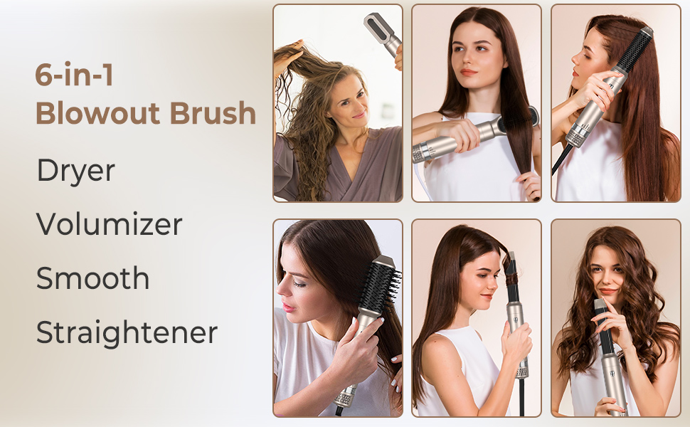 Фен-щітка Airstyler UKLISS 6 IN 1, фен з гарячою повітряною щіткою з автоматичною плойкою, щітка для випрямлення, надає волоссю об'єм, випрямляє, завиває та сушить волосся феном (золотистий)