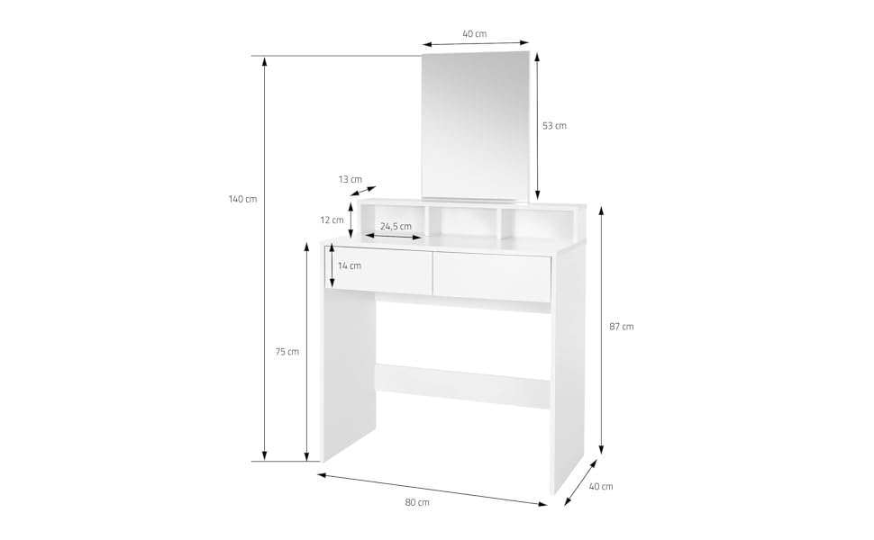 Туалетний столик ML-Design, 2 ящика, дзеркало, 3 відділення, 80x40x140 см, білий, в т.ч. табурет