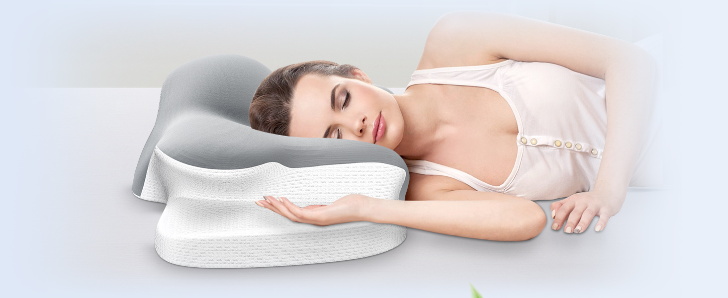 Подушка для шиї з піною Memory Foam, дихаюча, ергономічна, 65x37x10/12 см (срібна)