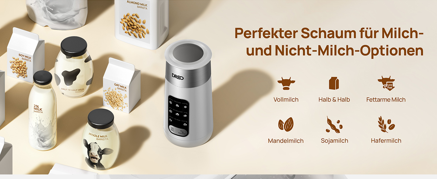 Електричний спінювач молока Dreo 8-в-1 для лате-арт, 270 мл, з підігрівом, LED, сріблястий