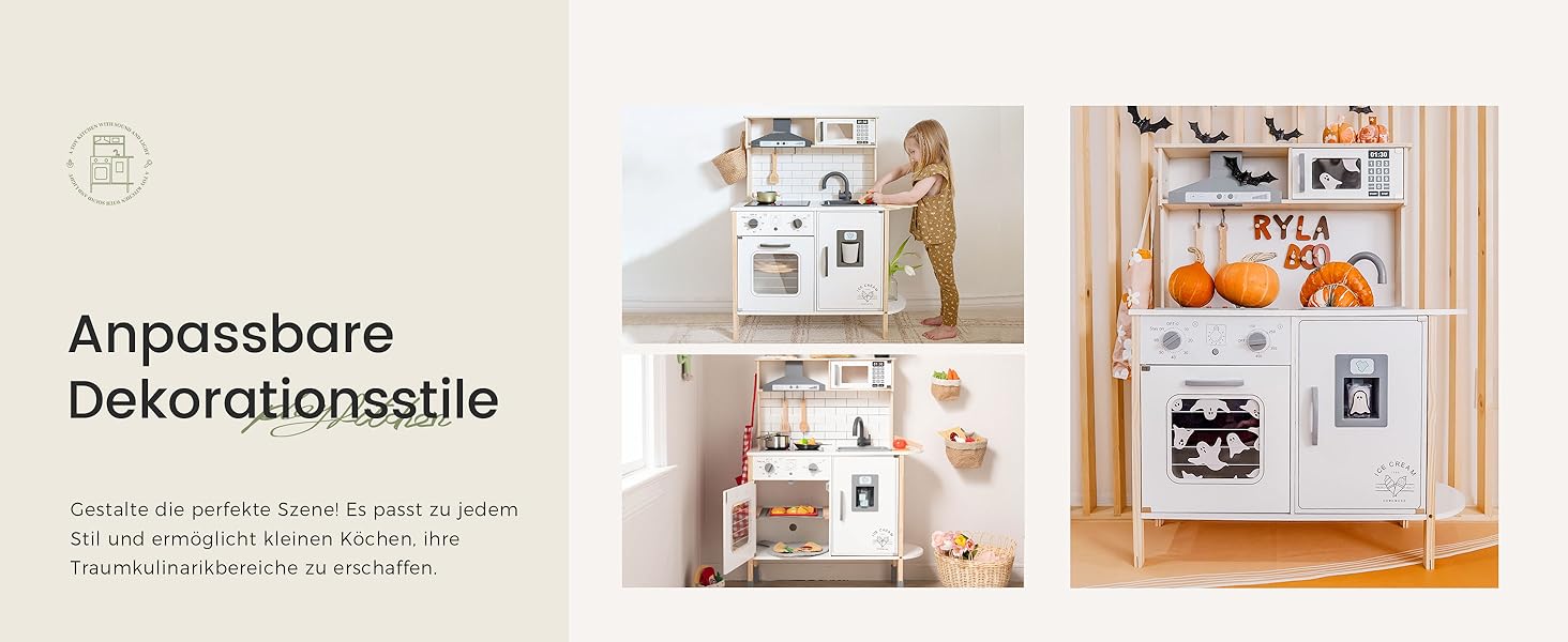 Дерев'яна дитяча кухня Tiny Land з аксесуарами: 18 предметів посуду та їжі. Іграшковий кухонний набір для дітей з підсвіткою та звуками.