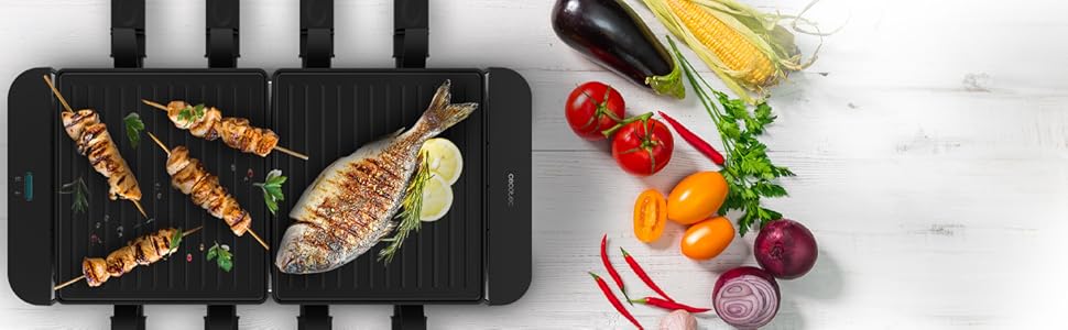 Електричний гриль-рашетниця Cecotec Raclette Cheese&Grill 16000 Inox Black для 8 осіб, 1400 Вт, з регулюванням температури та антипригарним покриттям, 40 x 22 см, 8 сковородок та 8 лопаток