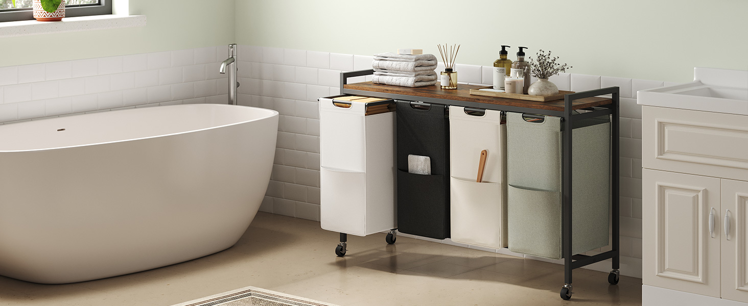 Кошик для білизни HOOBRO з 3 відділеннями, 119L, на колесах, з полицями, білий