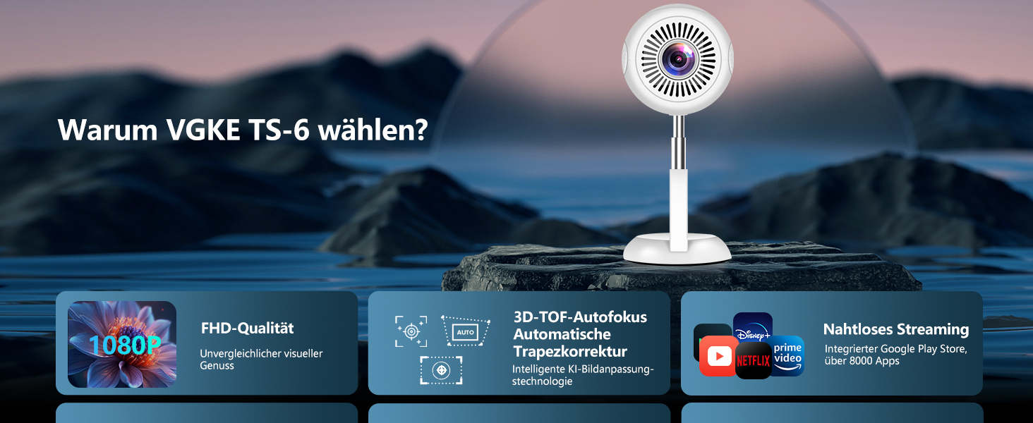 Міні-проектор VGKE з Android TV 13.0, 23000 люмен, Full HD 4K, WiFi6, Bluetooth, автофокус, автоматична корекція трапецеїдальних спотворень, для телефону/зовнішнього використання/ноутбука