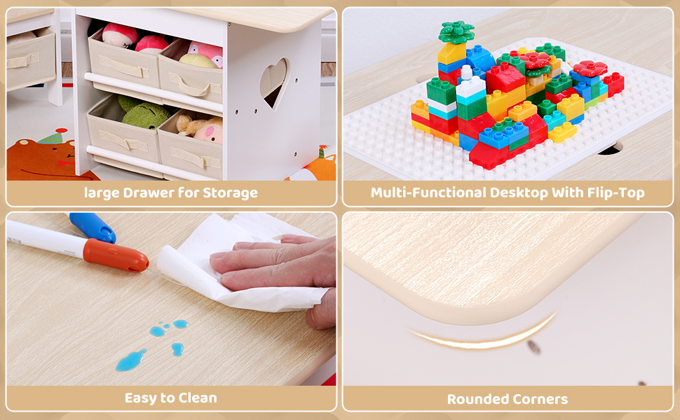 Дитячий стіл зі стільцями, ігровий стіл для дітей з місцем для зберігання, набір меблів для дитячої кімнати (натуральний колір)