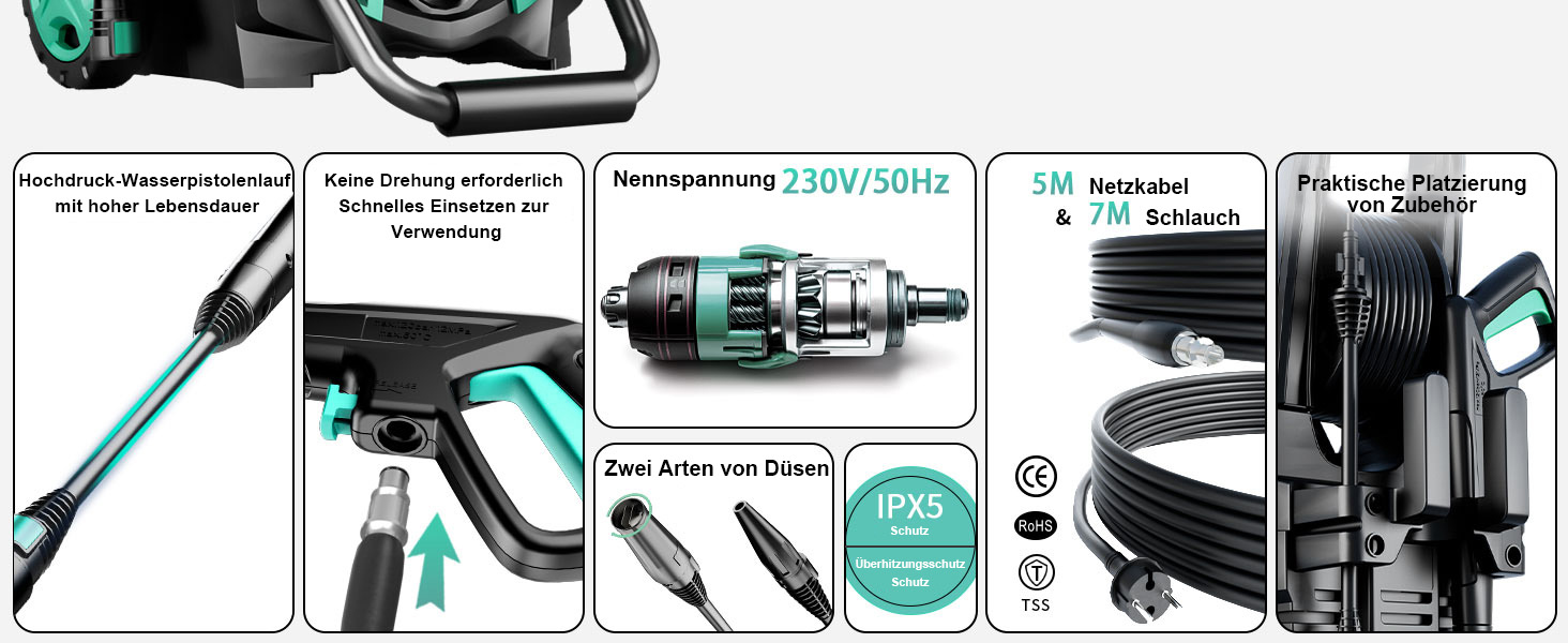 Високотискний мийник 180 Bar, 6-в-1 насадка, продуктивність 420л/год, площа прибирання 50м²/год, економний, з піночистою та барабаном для шлангу, для автомобілів та під'їздів (Блакитний)