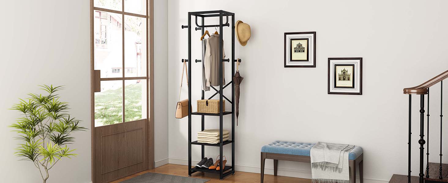 Підставка для одягу IBUYKE, вішалка для одягу з 3 полицями та 8 гачками, індустріальна вішалка для передпокою, коридору, спальні, природа та білий, TMJ088R, Природний та Білий (180 x 40 x 30 см, Чорний)