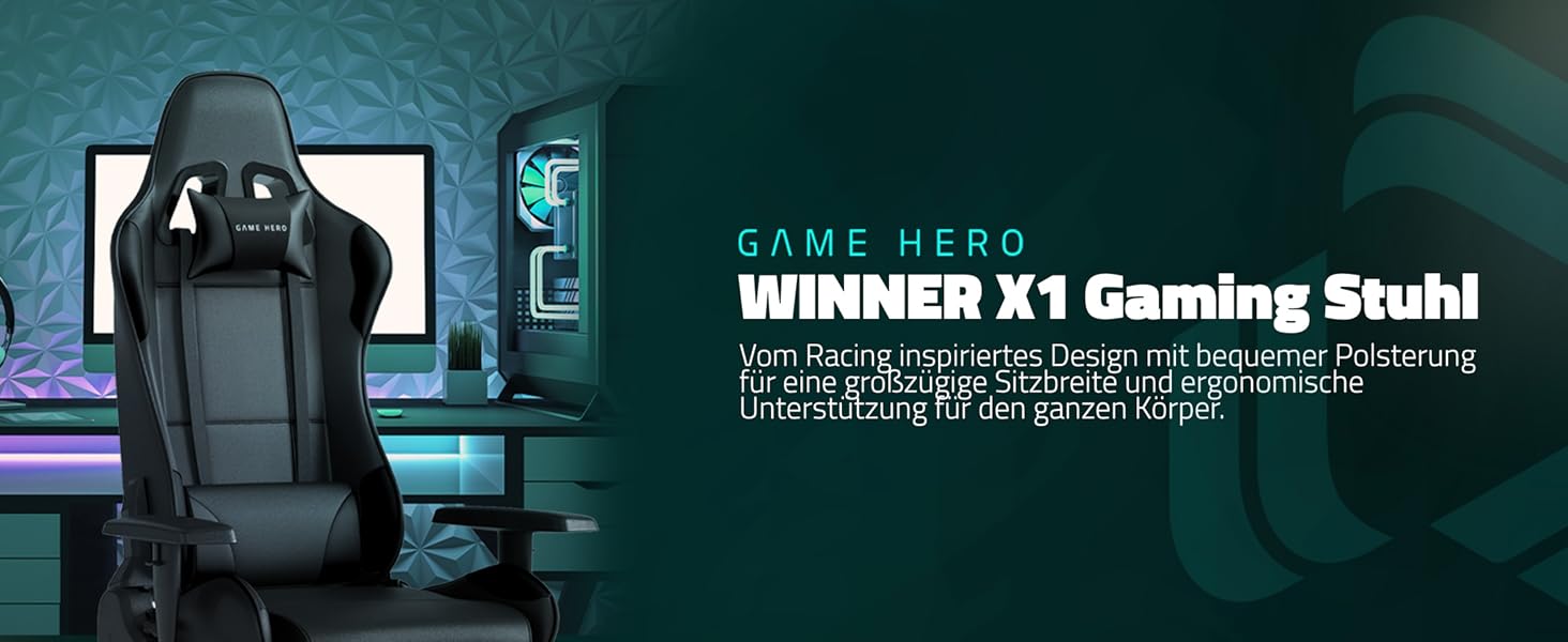 Ігрове крісло Game Hero Winner X1 з підставкою для ніг, функцією відкидання та регульованими по висоті підлокітниками - Офісне крісло преміум-класу Ергономічне письмове крісло для геймерів - З можливістю завантаження до 125 кг - Штучна шкіра - Червоний