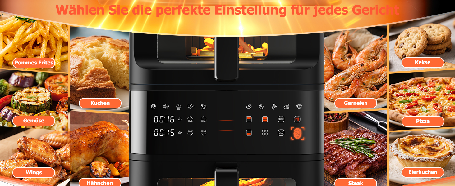 Фритюрниця без олії Heißluftfritteuse з подвійним набором камер 10л з оглядовим вікном, 10-в-1, сенсорне управління, таймер, економна, чорна 3.5л+6.5л