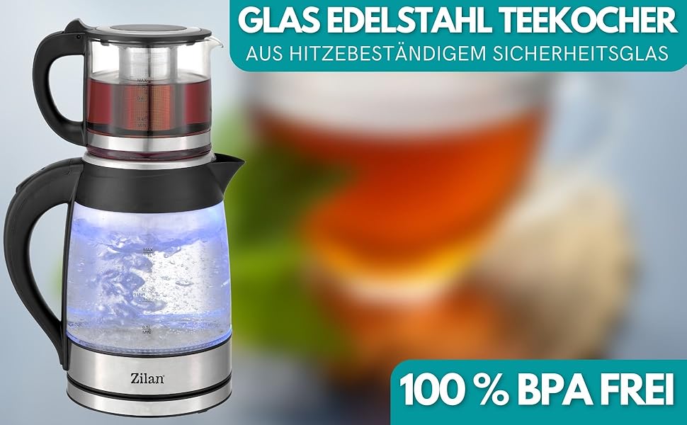 Електричний чайник-заварник Teekocher: скло, фільтр від накипу, 2200 Вт, захист від перегріву