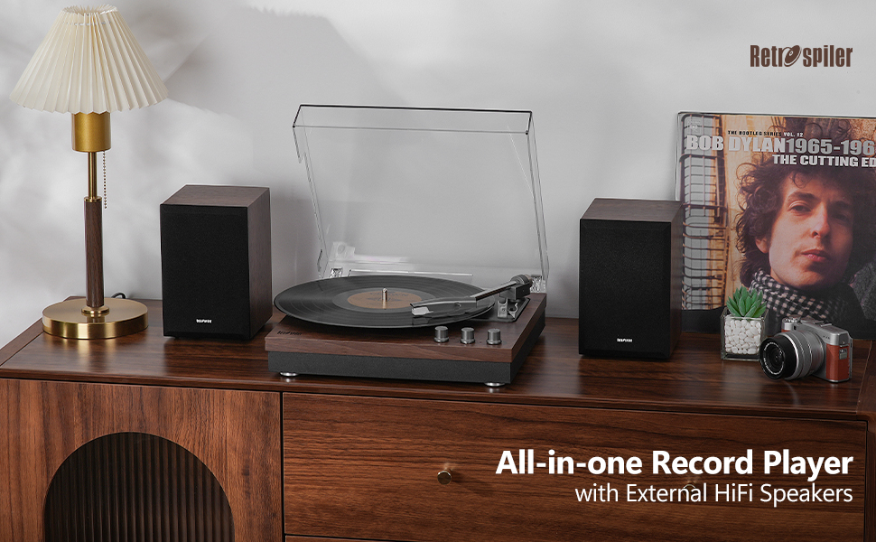 Вініловий програвач з зовнішніми стерео динаміками, Bluetooth Hi-Fi, вінтажний дизайн