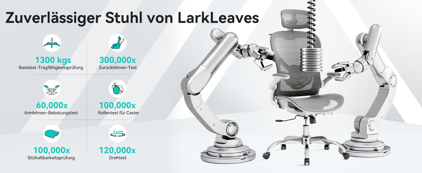 Офісне крісло LarkLeaves з ергономічною спинкою, регульованими підлокітниками, підставкою для попереку та підголівником. Максимальне навантаження 140 кг, сірий колір.