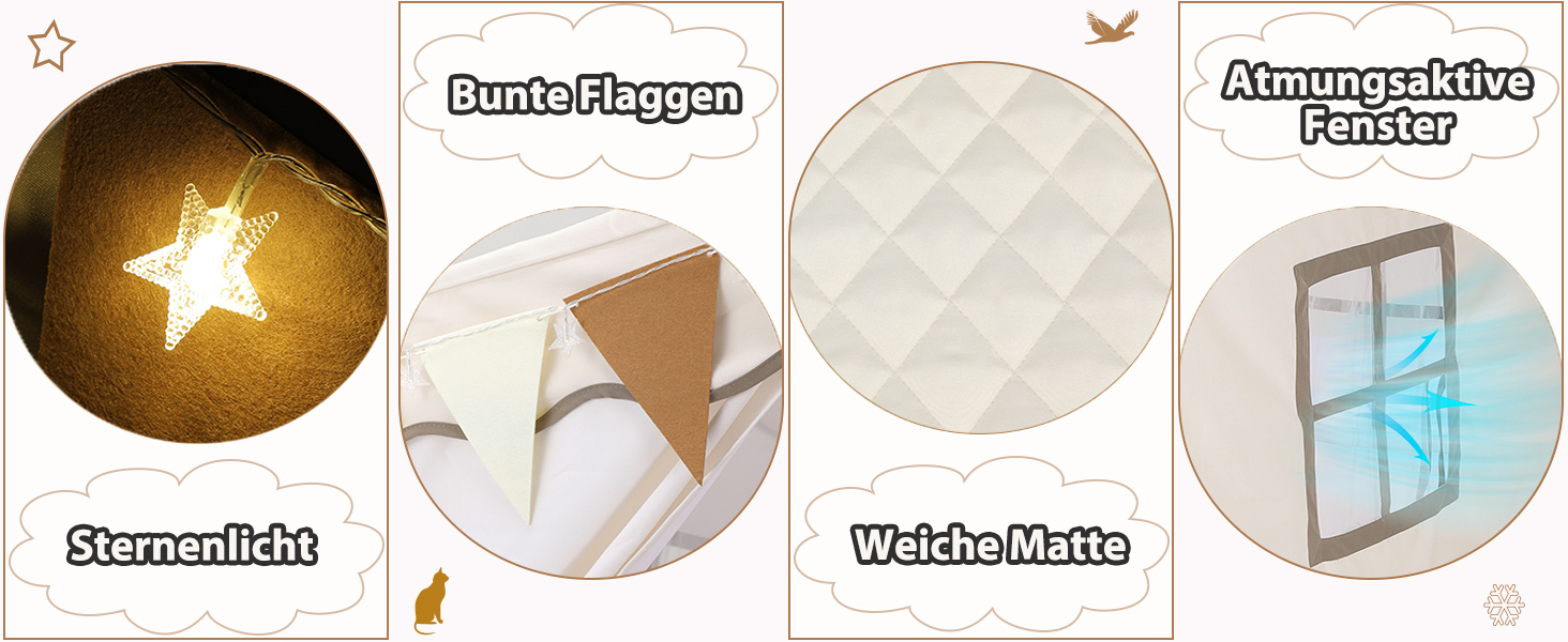 Дитячий намет MAMIZO для гри в приміщенні з килимком, прапорцями та світлом, 136x95x133 см. Ідеальний намет-ігровий будиночок для дітей, підходить для хлопчиків та дівчаток, кремового кольору.