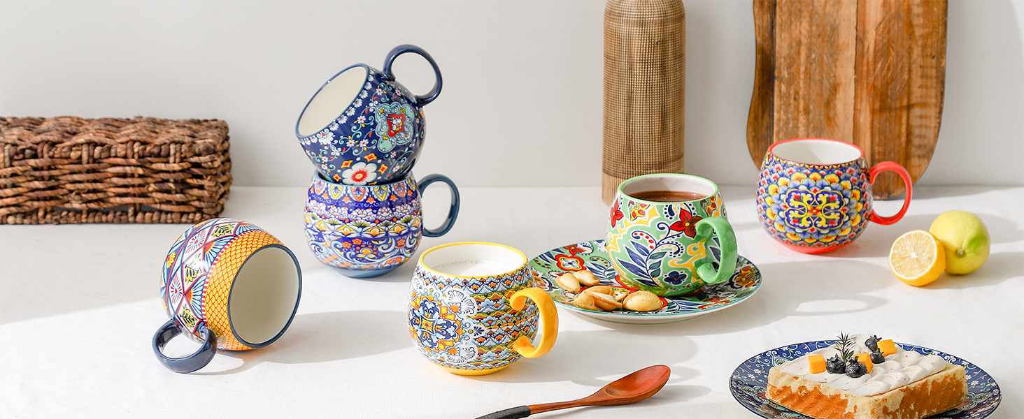 Набір чашок для капучино HENXFEN, 6 шт., 600 мл, порцеляна, з ручкою, для кави, чаю, молока, капучино, богемний стиль