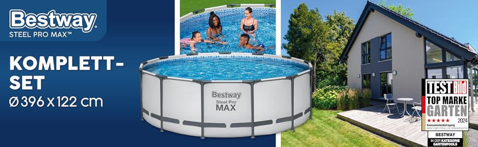 Каркасний басейн Bestway Steel Pro MAX Повний комплект з фільтруючим насосом Ø 396 x 122 см, світло-сірий, круглий